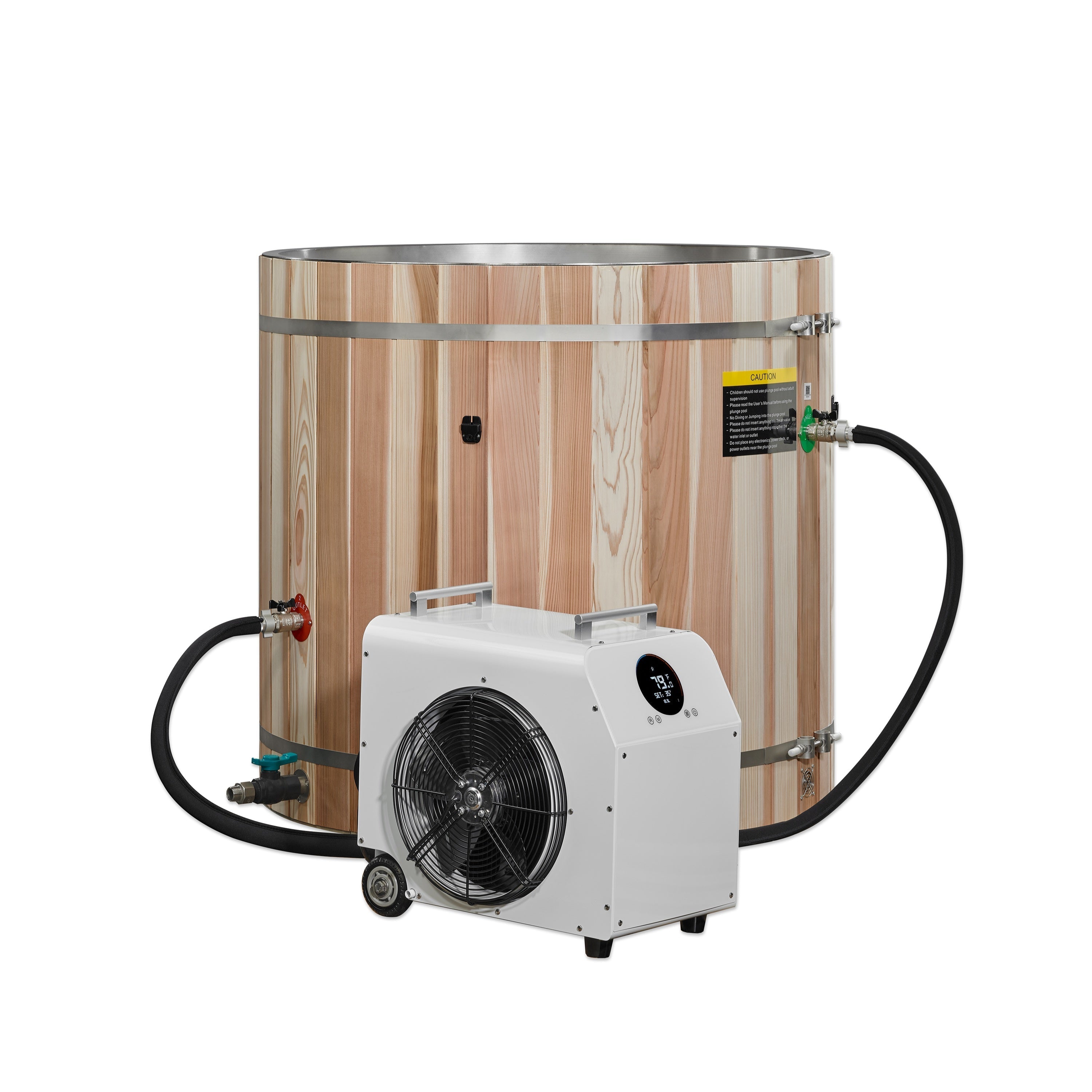 Dynamic Cold Therapy Steel Barrel cold plunge tub connected to chiller unit