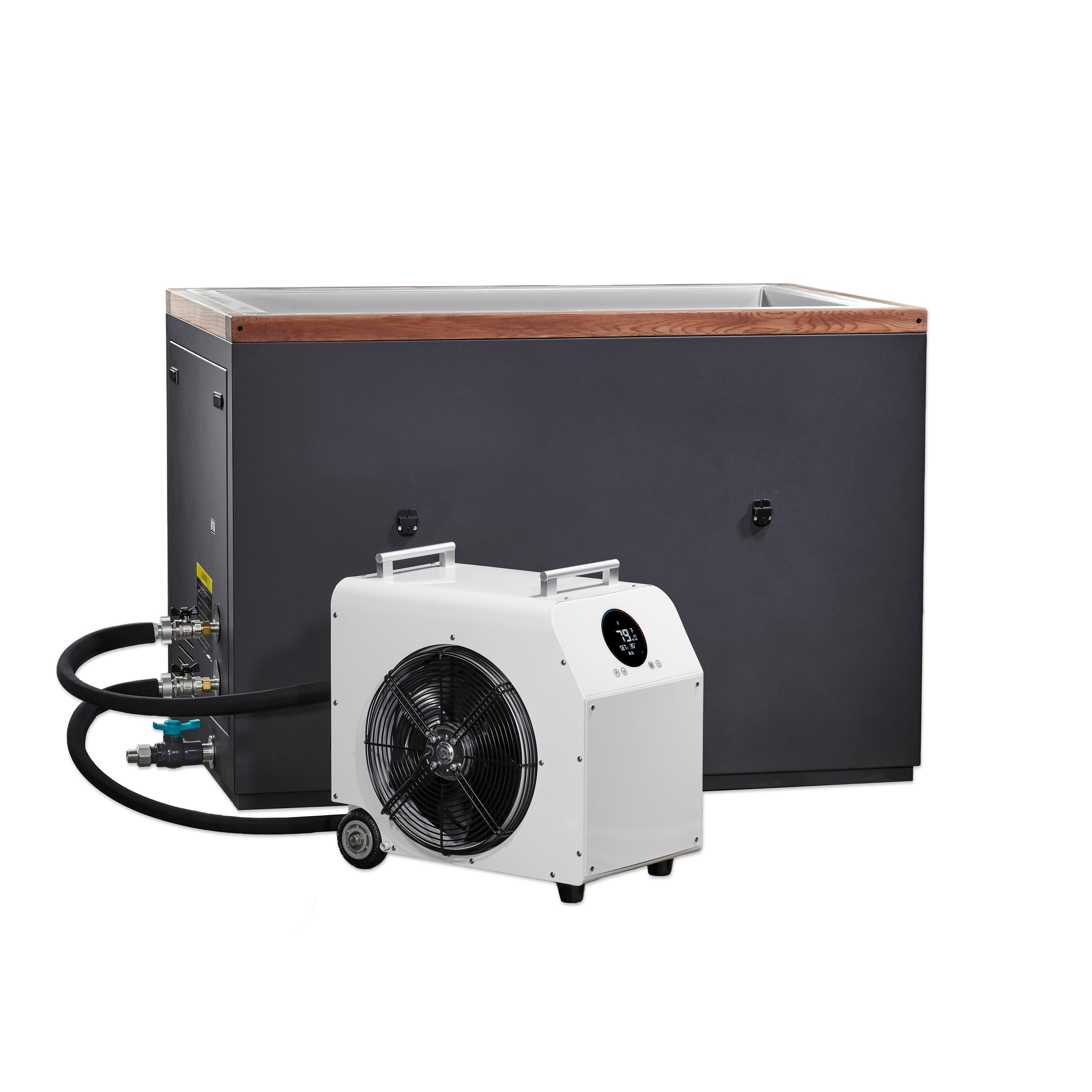 Dynamic Cold Therapy Cuboid cold plunge tub connected to chiller unit