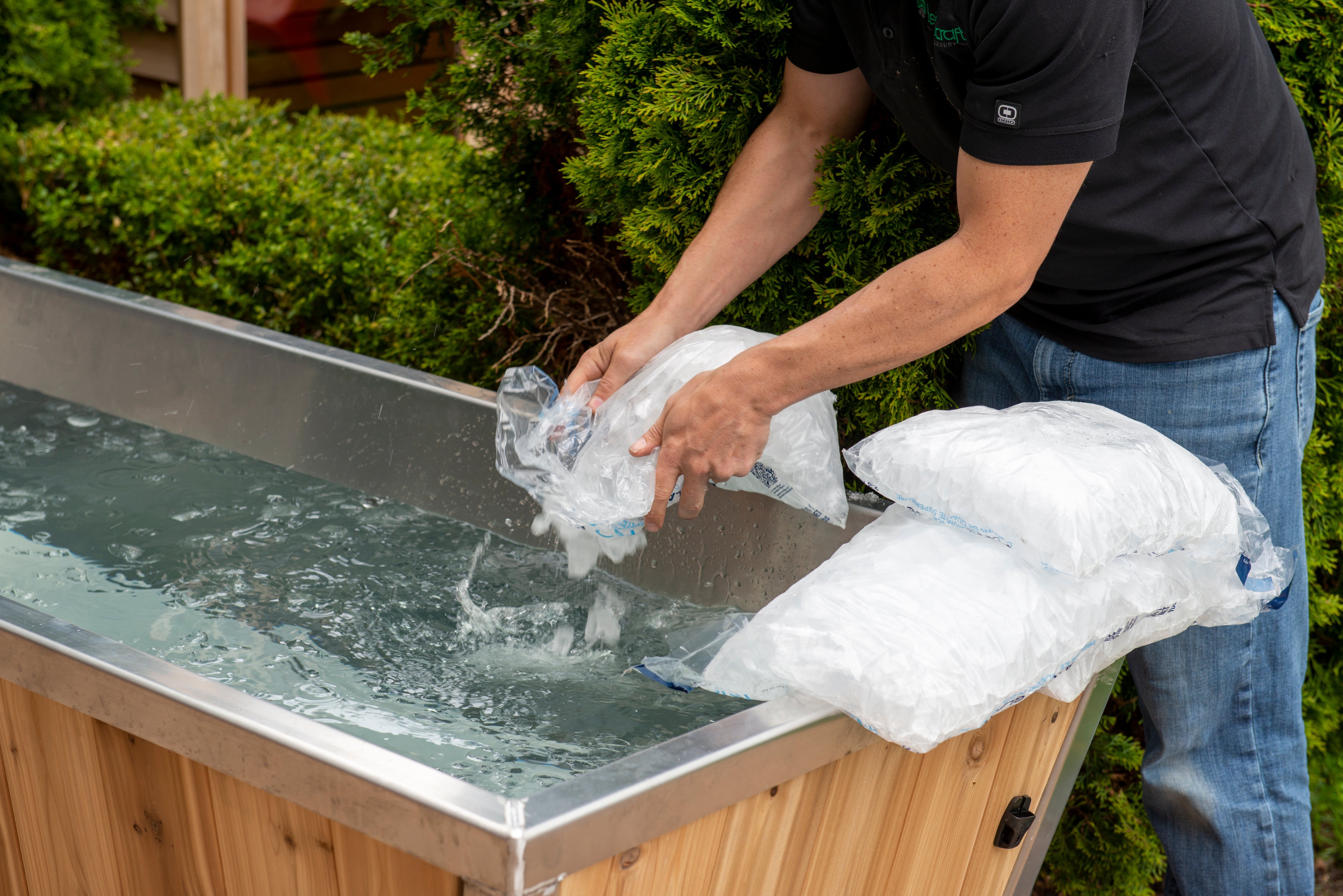 Polar cold plunge tub, full view with White Cedar shell
