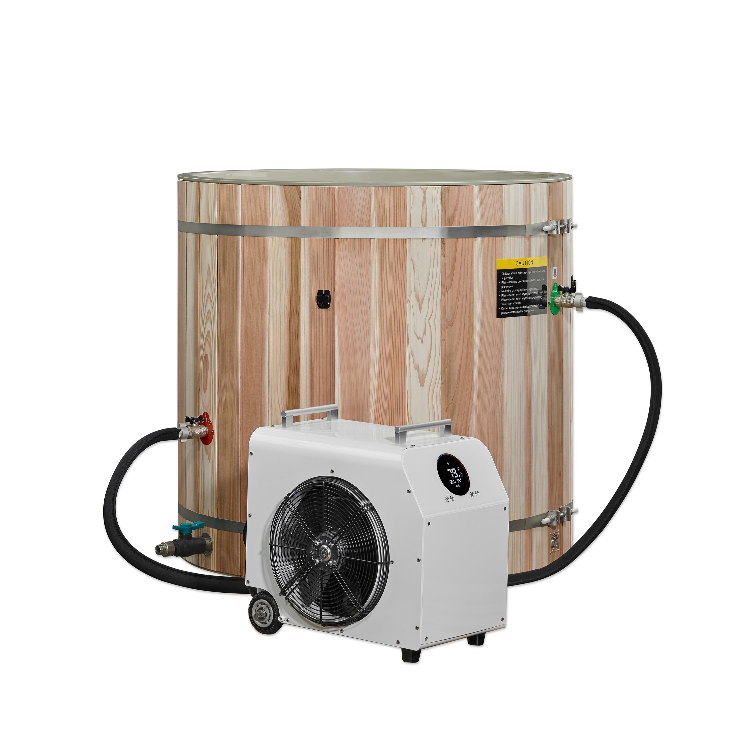Dynamic Cold Therapy Cedar Barrel cold plunge tub connected to chiller unit