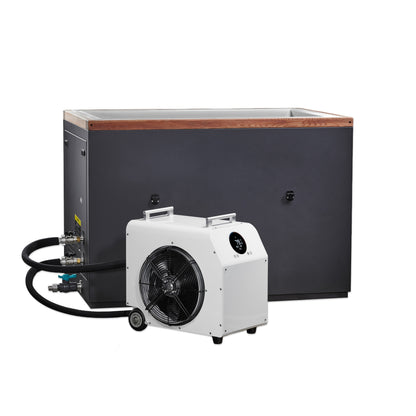 Dynamic Cold Therapy Cuboid cold plunge tub connected to chiller unit