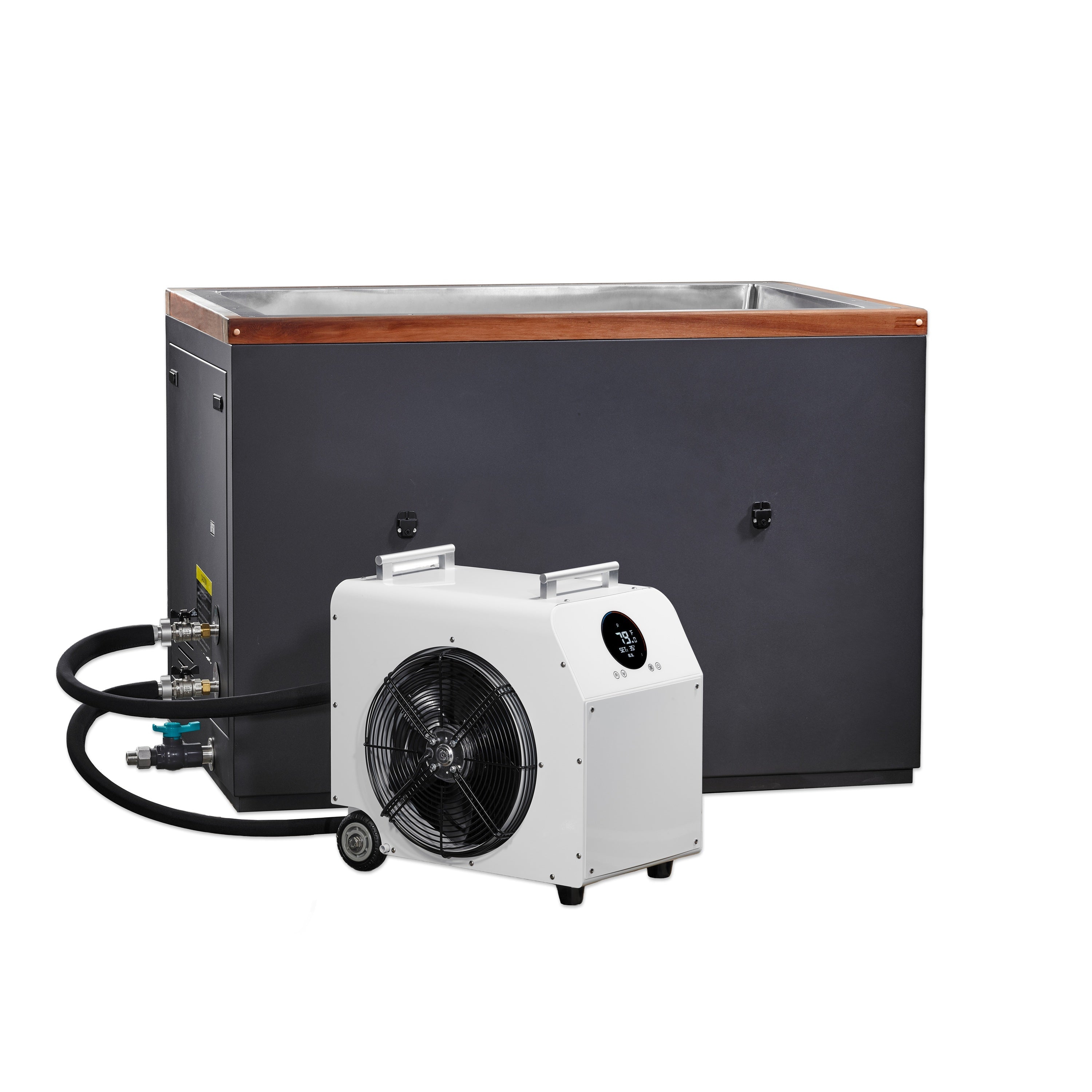 Dynamic Cold Therapy Cuboid XL cold plunge tub connected to chiller unit