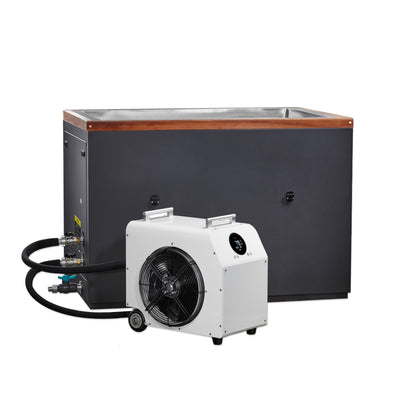 Dynamic Cold Therapy Cuboid XL cold plunge tub connected to chiller unit