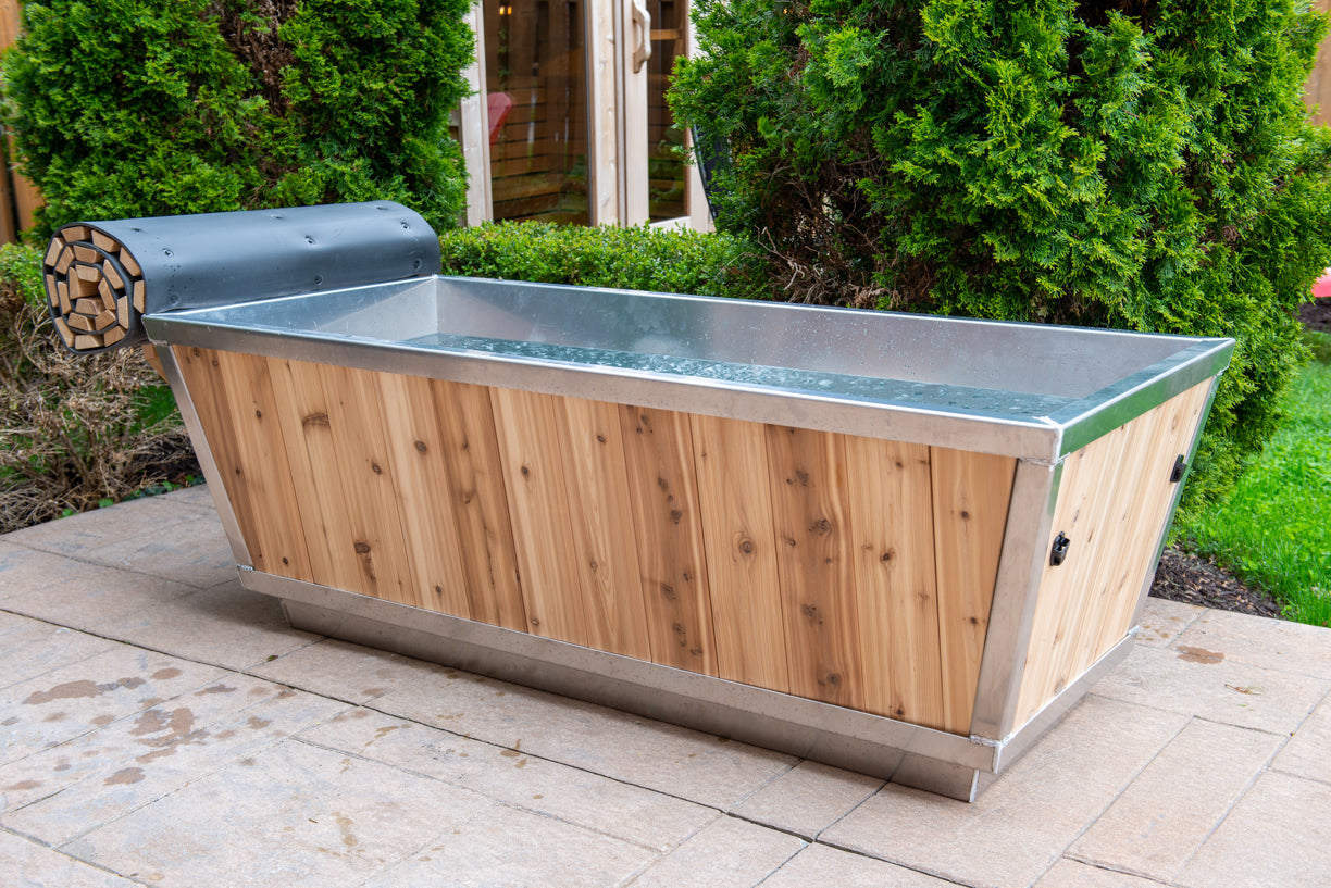 Polar cold plunge tub in outdoor patio setting